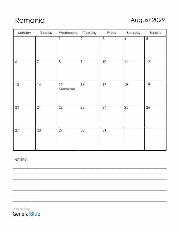 August 2029 Romania Calendar with Holidays (Monday Start)