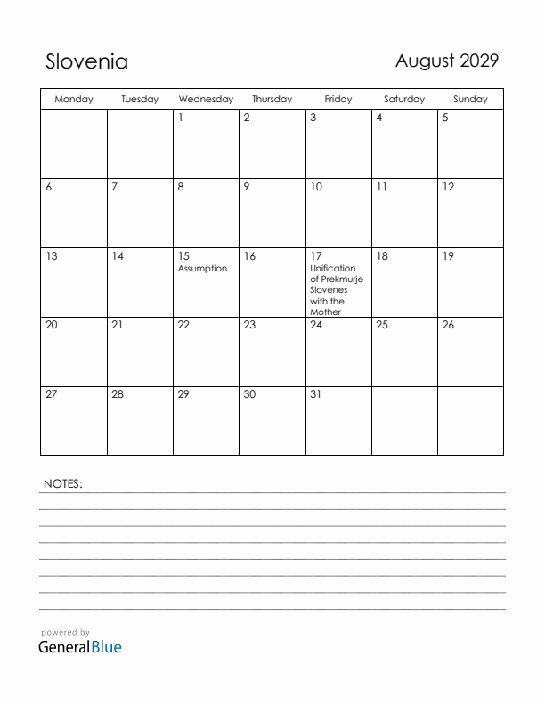 August 2029 Slovenia Calendar with Holidays (Monday Start)