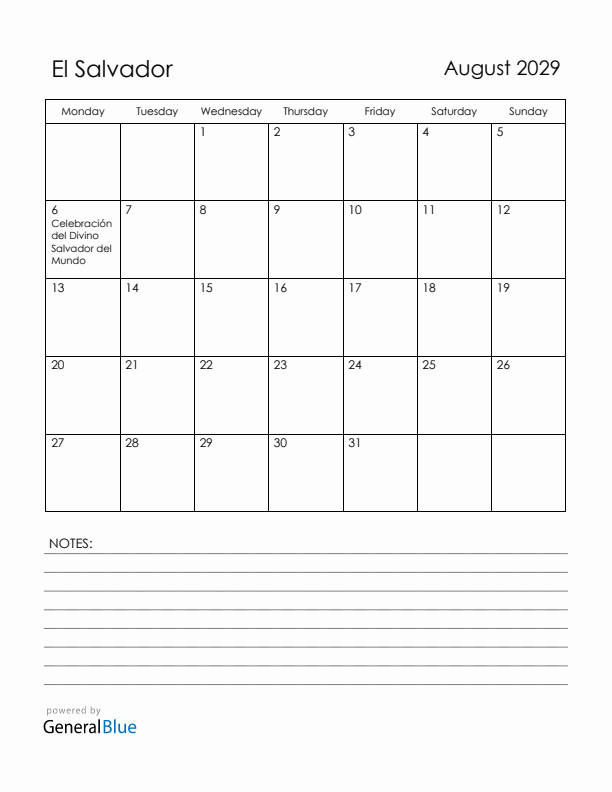 August 2029 El Salvador Calendar with Holidays (Monday Start)