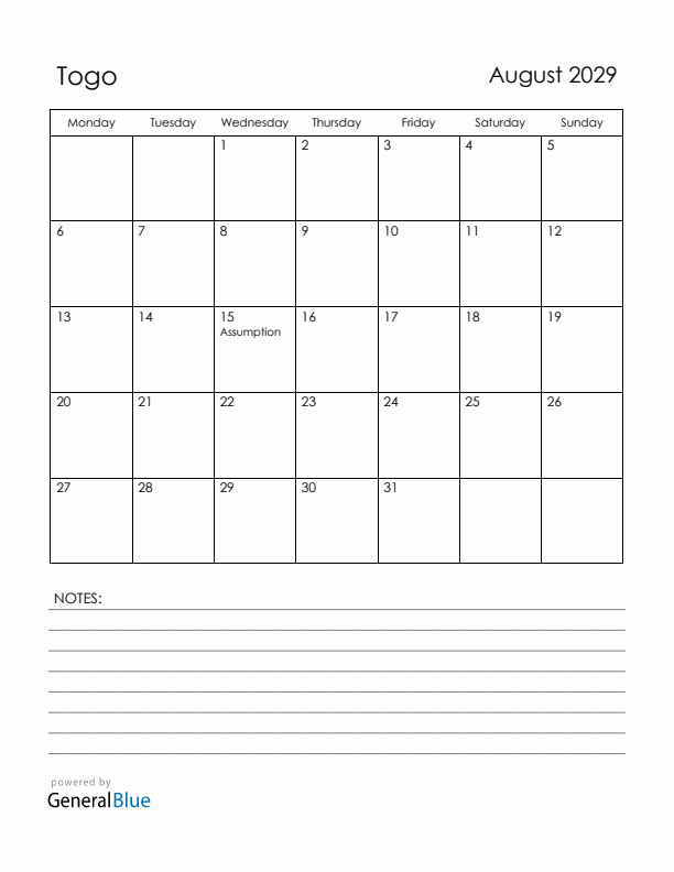 August 2029 Togo Calendar with Holidays (Monday Start)