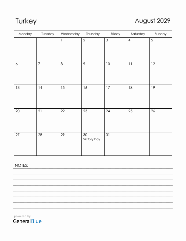 August 2029 Turkey Calendar with Holidays (Monday Start)