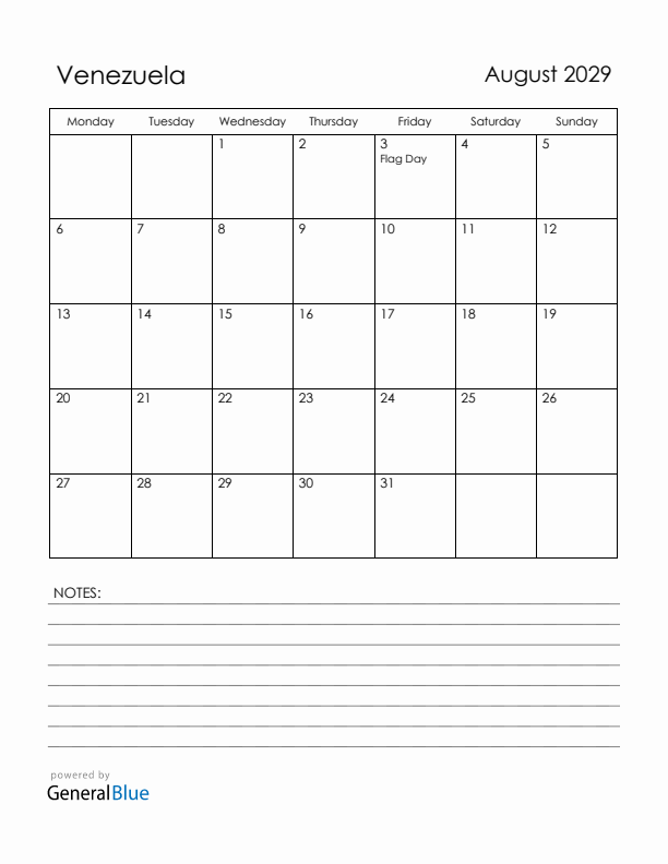 August 2029 Venezuela Calendar with Holidays (Monday Start)