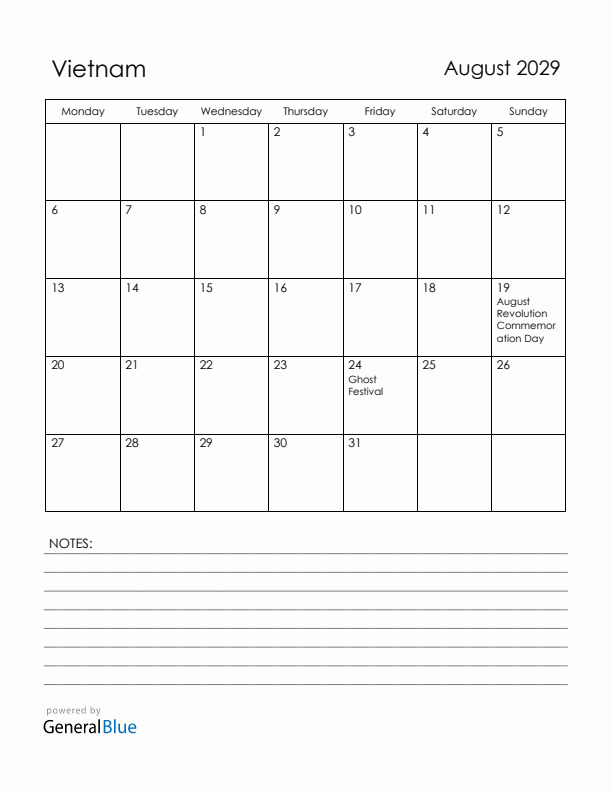 August 2029 Vietnam Calendar with Holidays (Monday Start)