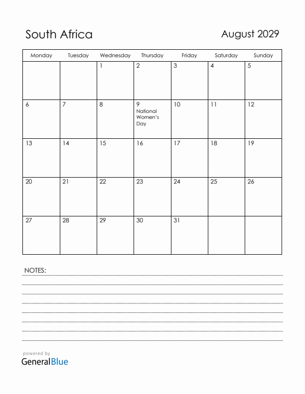 August 2029 South Africa Calendar with Holidays (Monday Start)