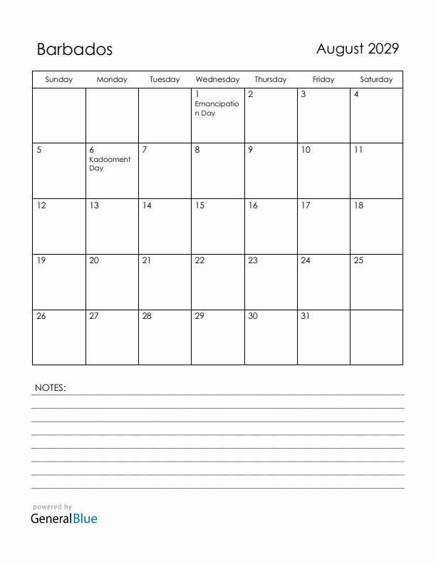 August 2029 Barbados Calendar with Holidays (Sunday Start)