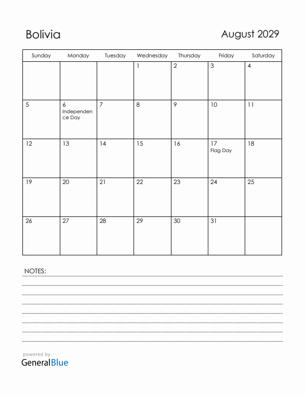 August 2029 Bolivia Calendar with Holidays (Sunday Start)