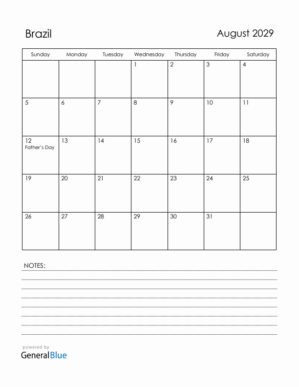 August 2029 Brazil Calendar with Holidays (Sunday Start)