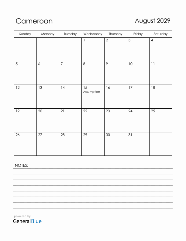 August 2029 Cameroon Calendar with Holidays (Sunday Start)