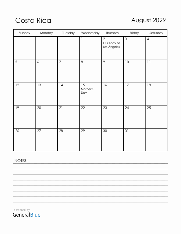 August 2029 Costa Rica Calendar with Holidays (Sunday Start)