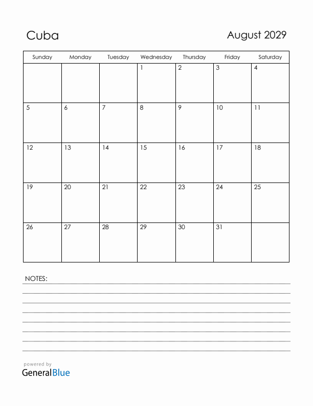 August 2029 Cuba Calendar with Holidays (Sunday Start)