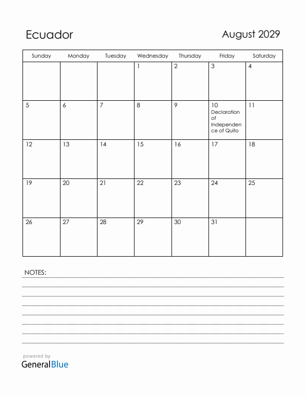 August 2029 Ecuador Calendar with Holidays (Sunday Start)