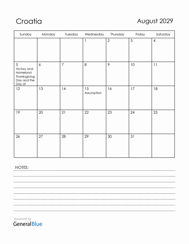 August 2029 Croatia Calendar with Holidays (Sunday Start)
