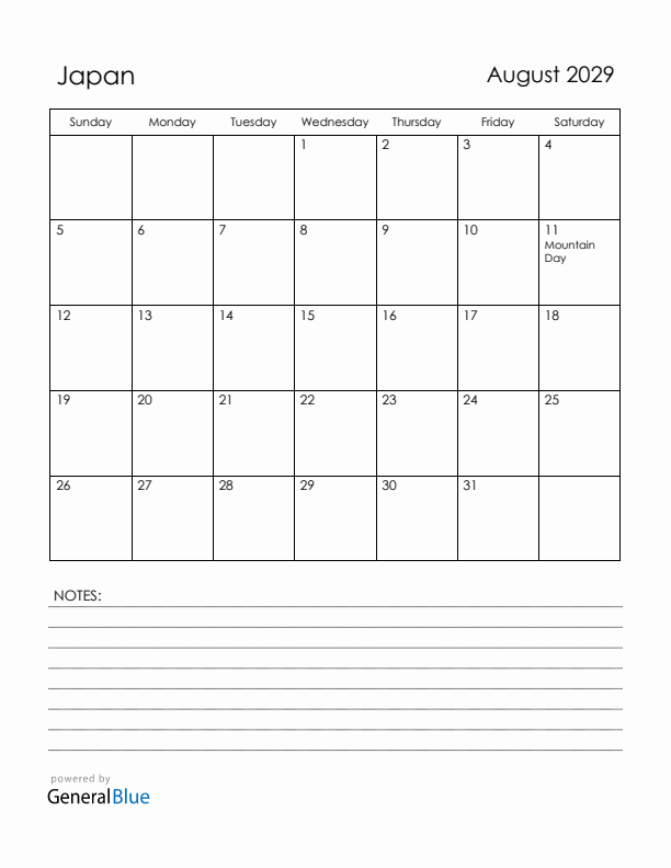 August 2029 Japan Calendar with Holidays (Sunday Start)