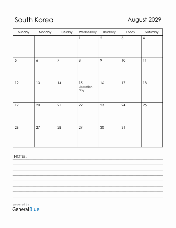 August 2029 South Korea Calendar with Holidays (Sunday Start)