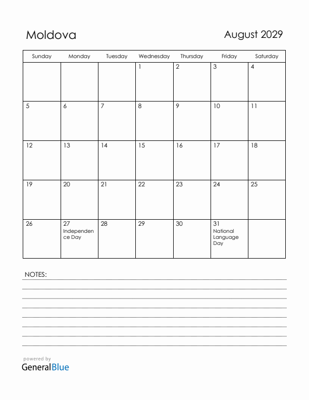 August 2029 Moldova Calendar with Holidays (Sunday Start)