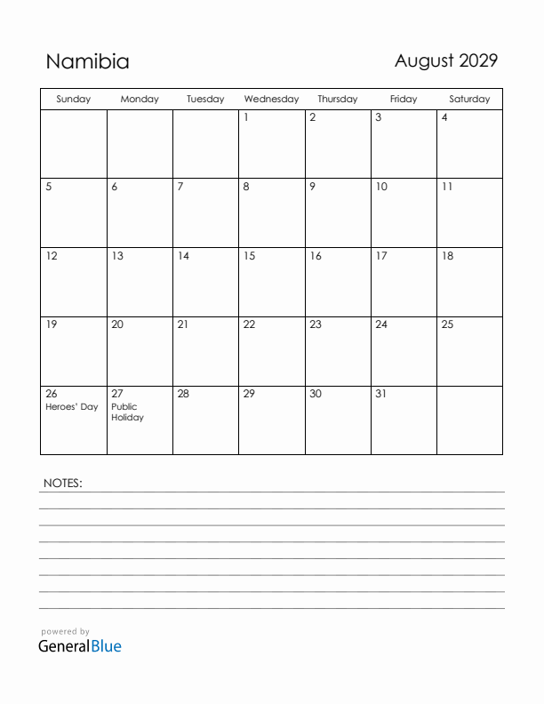 August 2029 Namibia Calendar with Holidays (Sunday Start)