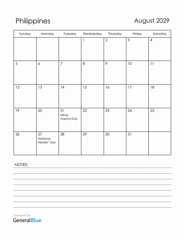 August 2029 Philippines Calendar with Holidays (Sunday Start)