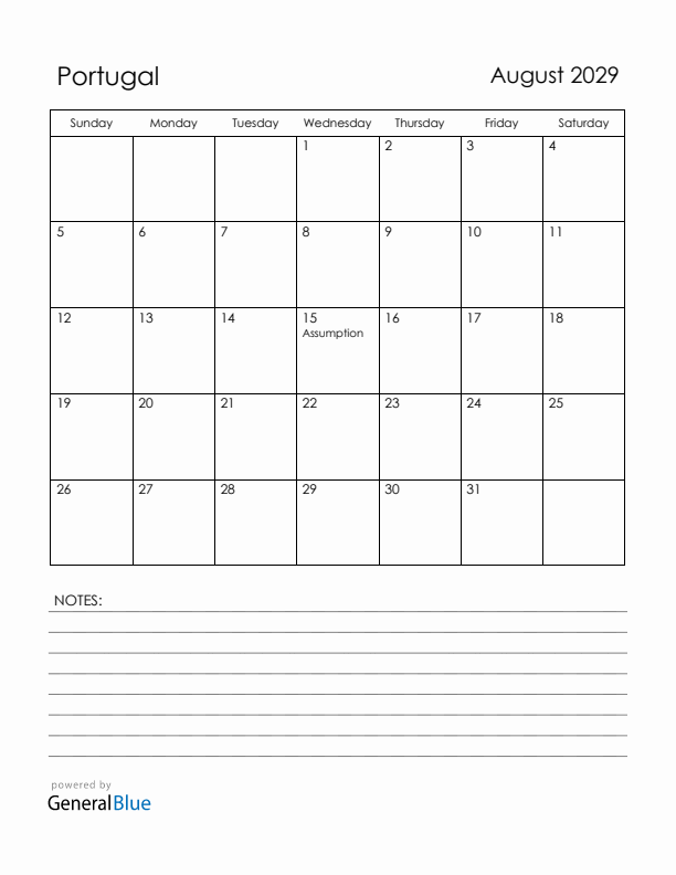 August 2029 Portugal Calendar with Holidays (Sunday Start)
