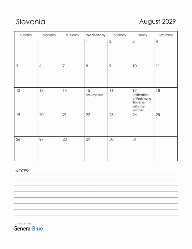 August 2029 Slovenia Calendar with Holidays (Sunday Start)