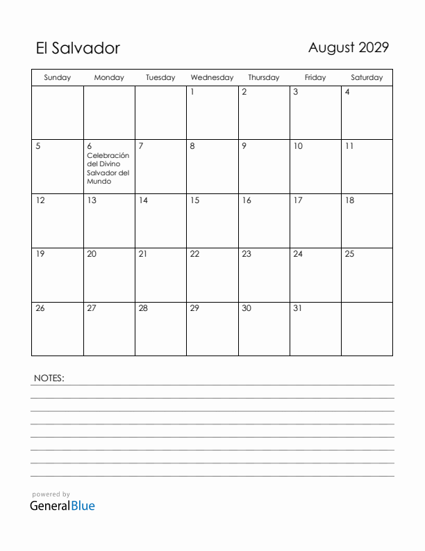 August 2029 El Salvador Calendar with Holidays (Sunday Start)