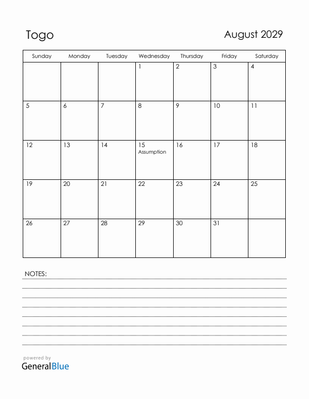 August 2029 Togo Calendar with Holidays (Sunday Start)