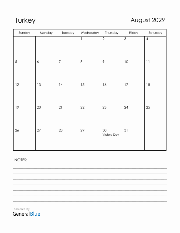 August 2029 Turkey Calendar with Holidays (Sunday Start)