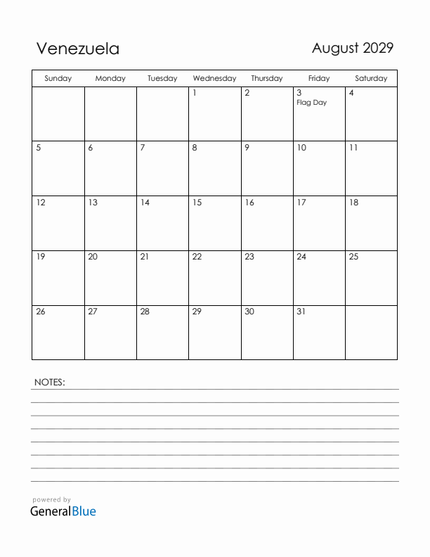 August 2029 Venezuela Calendar with Holidays (Sunday Start)