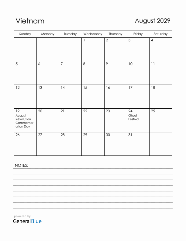 August 2029 Vietnam Calendar with Holidays (Sunday Start)