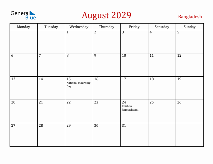 Bangladesh August 2029 Calendar - Monday Start