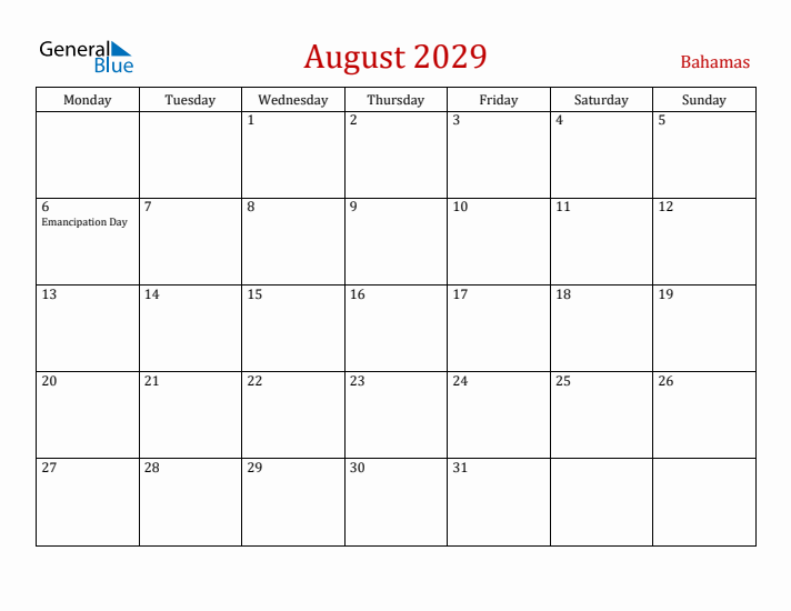 Bahamas August 2029 Calendar - Monday Start