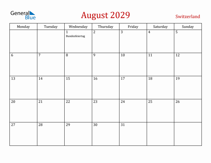 Switzerland August 2029 Calendar - Monday Start