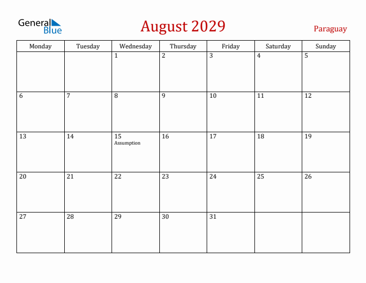 Paraguay August 2029 Calendar - Monday Start