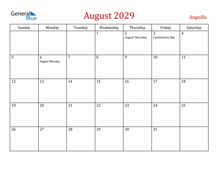 Anguilla August 2029 Calendar - Sunday Start