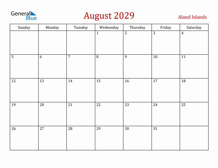 Aland Islands August 2029 Calendar - Sunday Start