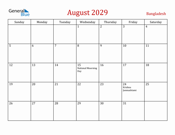 Bangladesh August 2029 Calendar - Sunday Start