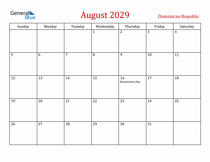 Dominican Republic August 2029 Calendar - Sunday Start