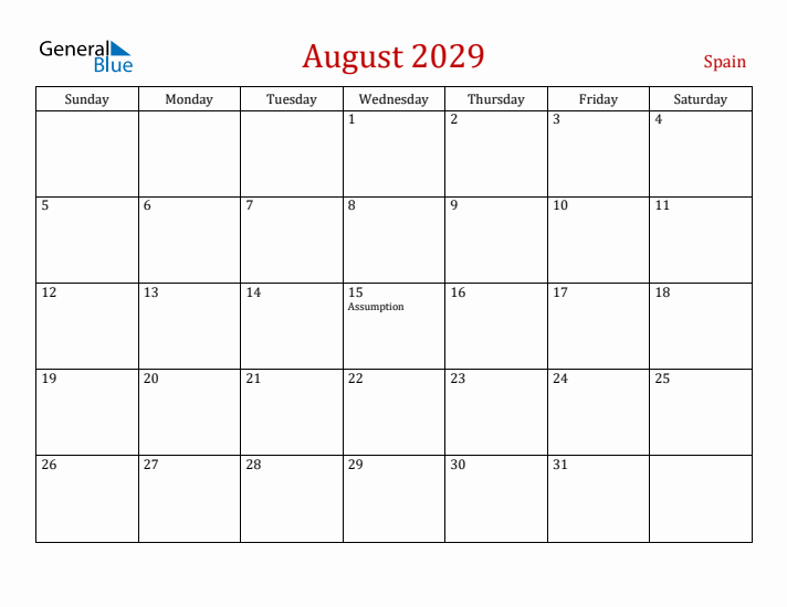 Spain August 2029 Calendar - Sunday Start