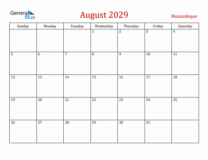 Mozambique August 2029 Calendar - Sunday Start