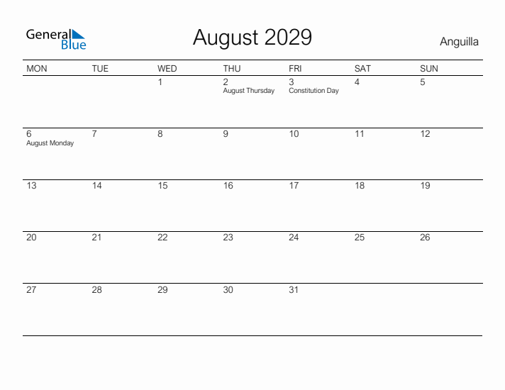 Printable August 2029 Calendar for Anguilla