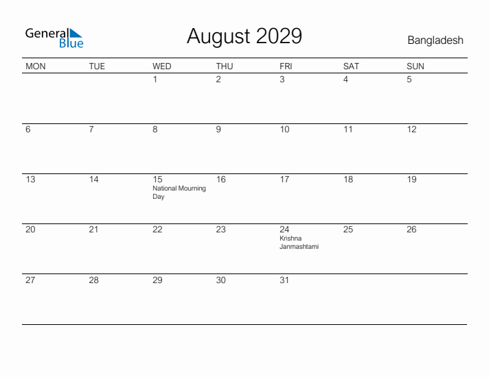 Printable August 2029 Calendar for Bangladesh