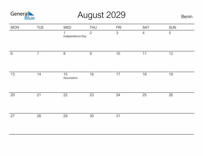 Printable August 2029 Calendar for Benin