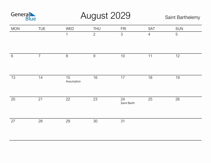 Printable August 2029 Calendar for Saint Barthelemy