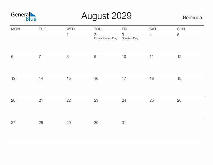 Printable August 2029 Calendar for Bermuda