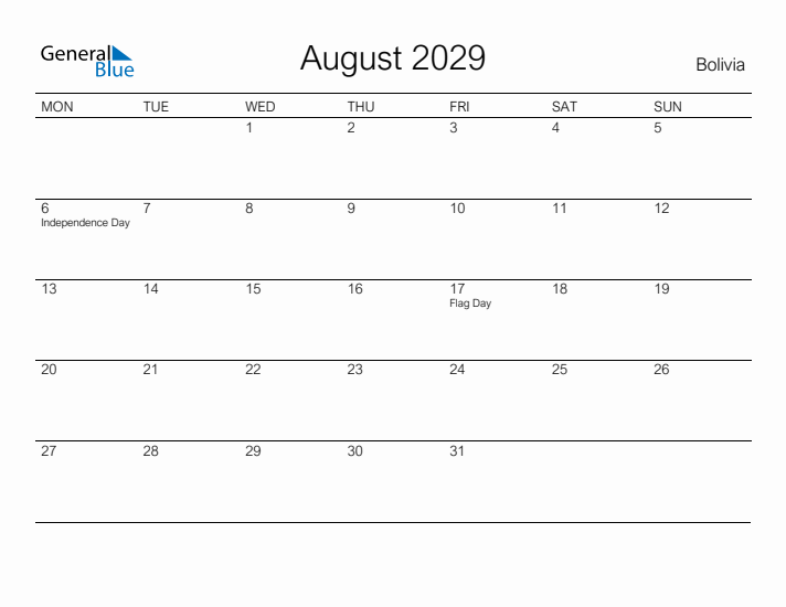 Printable August 2029 Calendar for Bolivia