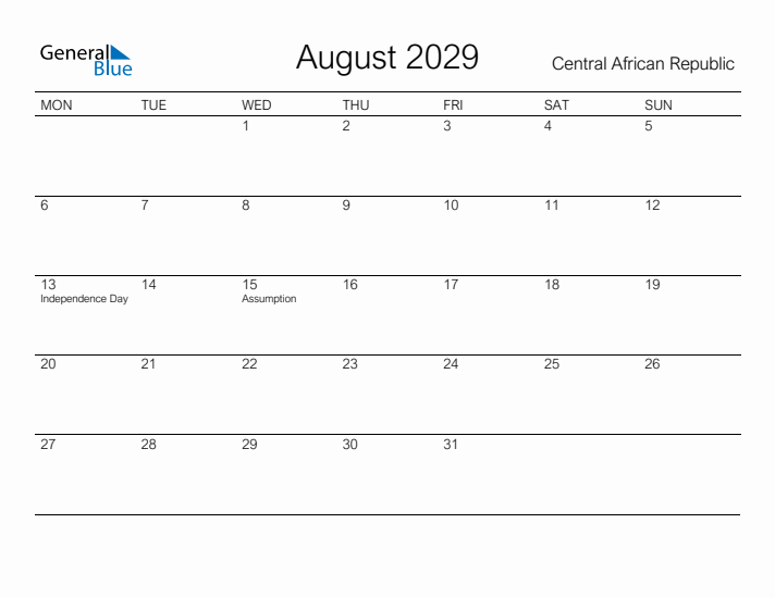 Printable August 2029 Calendar for Central African Republic