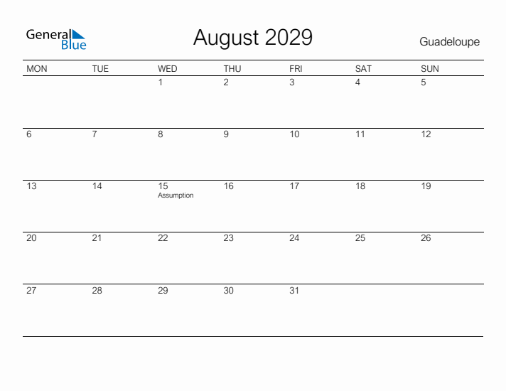 Printable August 2029 Calendar for Guadeloupe