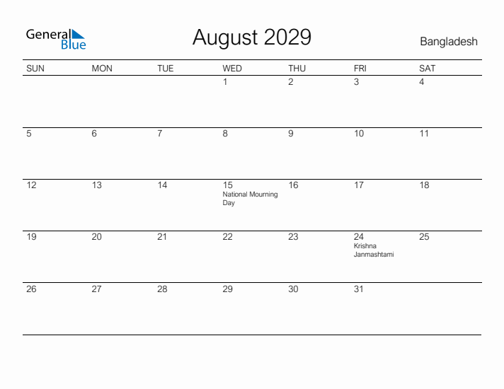 Printable August 2029 Calendar for Bangladesh