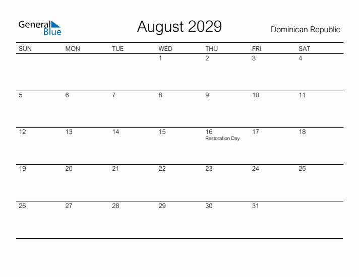 Printable August 2029 Calendar for Dominican Republic