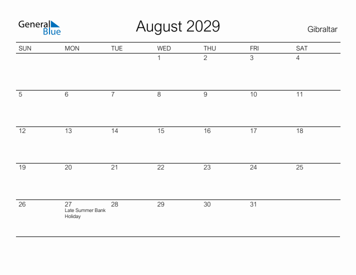 Printable August 2029 Calendar for Gibraltar