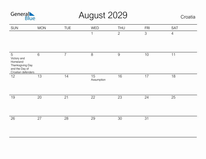 Printable August 2029 Calendar for Croatia